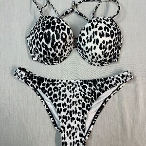 Victoria's Secret Malibu Leopard Push up Bikini Cheeky Bottoms sz XL Top sz 36DD